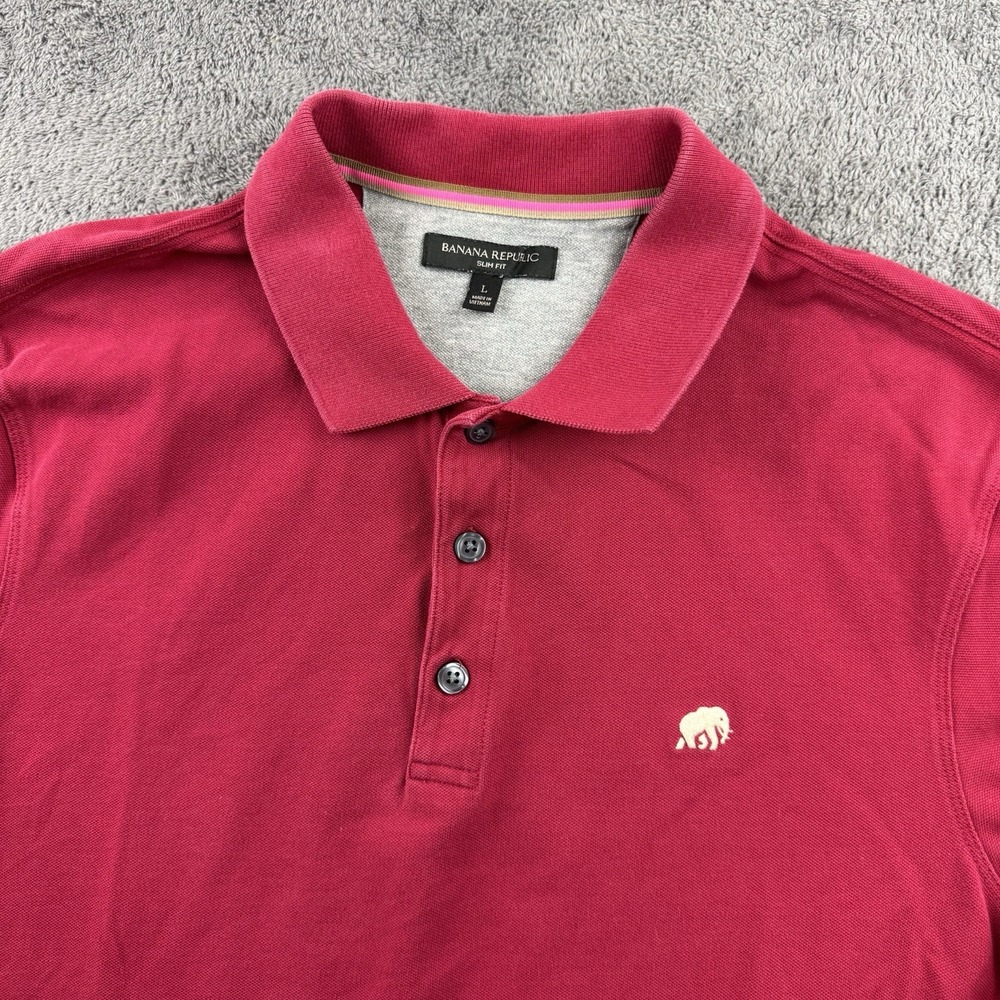 Banana Republic Polo Shirt Mens L‎ Red Slim Fit Pique Elephant Logo Preppy